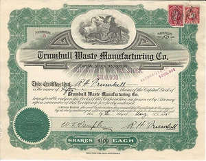 PENNSYLVANIA Trumbull Waste Manufacturing Co Stock Certificate 1915 #5 Manyunk - Imagen 1 de 2