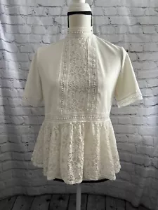 Zara White Short Sleeve High Neck Lace Blouse Shirt Top Size Medium - Picture 1 of 5