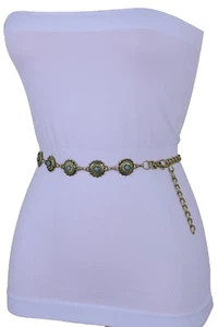 Women Western Fashion Belt Gold Color Metal Turquoise Flower Charm Fit Size S M - Picture 1 of 12