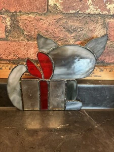 Vintage Leaded Stain Glass Kitty Cat, Mirror Gift Box Hanging Suncatcher - Picture 1 of 10