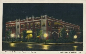Color Vintage Postcard Funeral Home Building Hazen Jaeger Spokane WA Night 1939 - Picture 1 of 5
