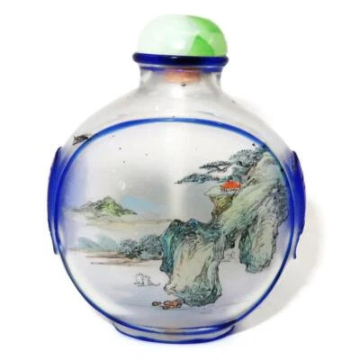 Botella de tabaco de vidrio cortado azul pintado al revés chino vintage, 2 5/8" x 3 1/4" H Foto 1 de 4