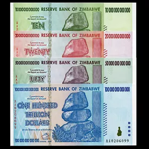 Juego de 4 billetes de Zimbabwe 10 20 50 100 billones de dólares UNC AA+ 2008 P88-P91 - Imagen 1 de 9