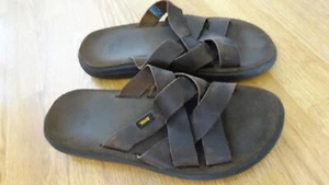 Men's Teva VOYA Slide Slip-On Brown Leather Upper & Rubber Sole Sandals US 10 43 - Imagen 1 de 5