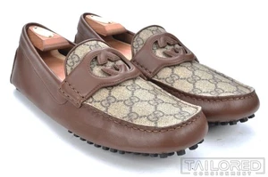 NEW - GUCCI Brown Canvas GG Logo Leather Driving Loafer Shoes - IT 9 / US 10 - Picture 1 of 10