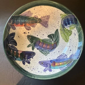 Backsplash Fish Serving Bowl Round Julie Ueland Pottery White Salmon WA 11.5”D - Picture 1 of 10
