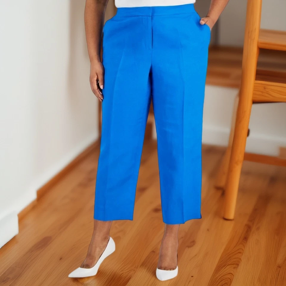 Kasper Womens Linen Blend Mid-Rise Straight Leg Pants Bright Blue Size 16W