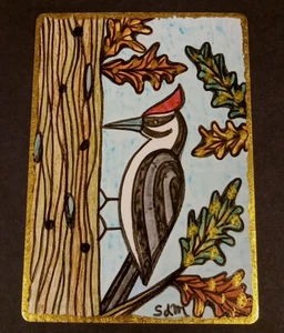 ACEO Original Art Card "Woodpecker" Sabrina de Man Folk Art Nature USA - Picture 1 of 5