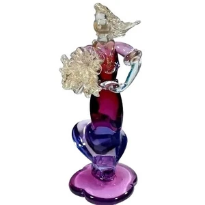 Murano 12,25" lila rosa 24k Gold Aventurin Kunstglas Frau hält Blumenstrauß - Bild 1 von 12
