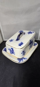 Vintage Ironstone Cheese Keeper England Flow Blue Transferware Gold Trim 1800s - Picture 1 of 22