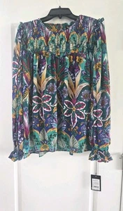 NWT NICOLE MILLER Boho Floral Top Blouse Teal Blue Yoke Balloon sleeve women XL - Picture 1 of 14