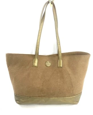 Bolso de Mano Grande Tory Burch Marrón Lana Cuero Dorado Borde Inferior Cartera Oficina Foto 1 de 4