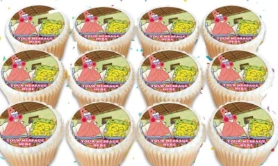 Doce dibujos animados de cupcakes de 2" quiero saber qué es más divertido que 24 imágenes comestibles para... Foto 1 de 2