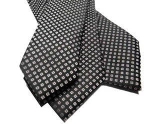 Cravate Soie Noir Homme Satin Brillant Avec Dessins Petits Gris Made IN Italy - Imagen 1 de 9
