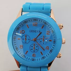 Women's 38MM Watch Easy Read Blue Dial Blue Plastic Band Straps New Battery - Picture 1 of 13