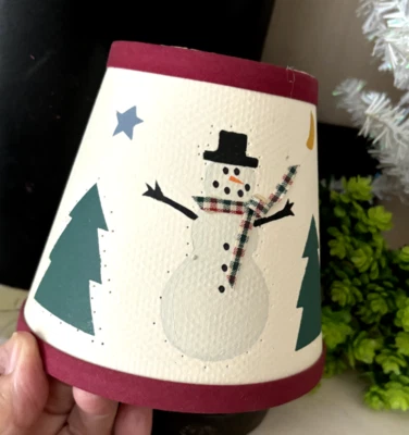 Vtg Handpainted Xmas Snowman Trees MINI LAMP SHADE Clip On Beige PAPER Punched - Image 1 of 4