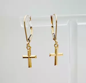 Pendientes colgantes colgantes de oro amarillo macizo de 14K con pequeños dijes cruzados, 1" - Imagen 1 de 17