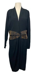 Vtg Saks 5th Ave Daymor 16 Cocktail Dress Black Wrap Gold Beaded Long Sleeve 90s - Picture 1 of 18