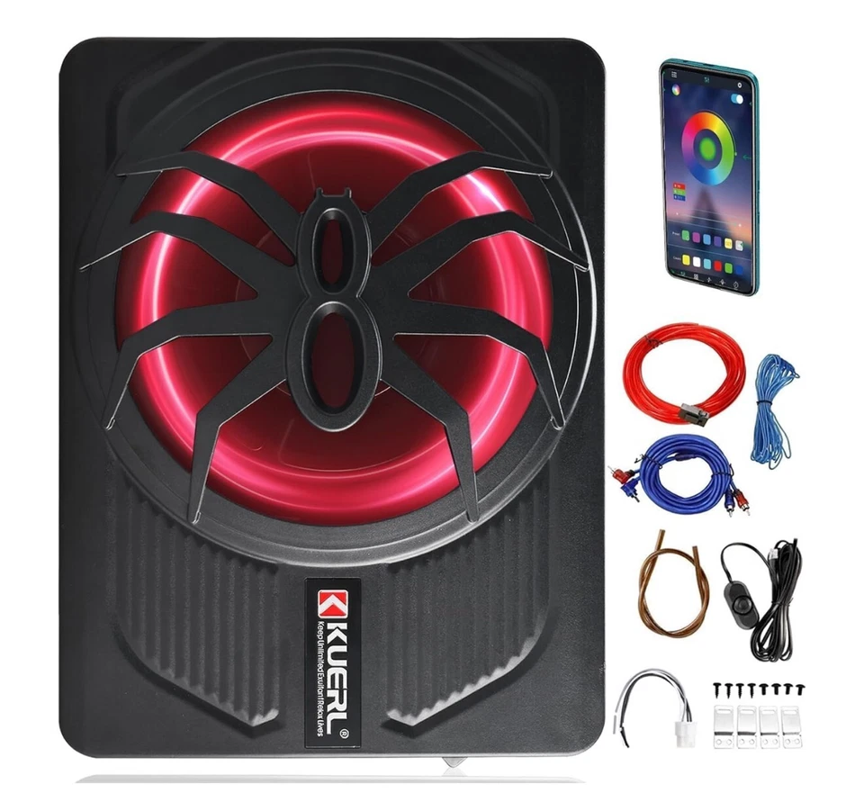 800W Slim Under Seat Car Subwoofer with Built-in Amplifier and Multi-Colors LED - Image 1 of 4