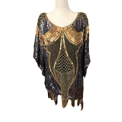 VTG '70s '80s Swee-Lo 100% Silk Sequin Goddess Batwing Disco Blouse Fairy Hem L - Image 1 of 4