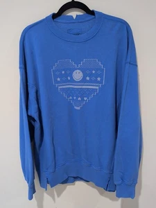 Aerie Love This Moment Oversized Sweater Smiley Heart Cobalt Dive S/P - Picture 1 of 7