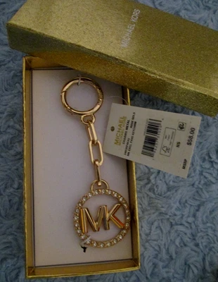 Michael Kors Rose Gold Logo MK Circle Rhinestone Pave Key Charm $58 NIB - Image 1 of 4