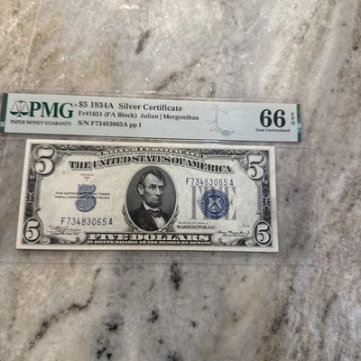 Gem Uncirculated 1934A $5 Silver Certificate Fr.1651 PMG66EPQ (F/A Block) - Image 1 of 4
