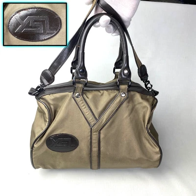 ¡BOLSO DE MANO YSL Yves Saint Laurent de nailon! Borde de cuero marrón oliva tostado vintage Foto 1 de 4