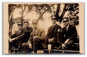 KEWANEE ILLINOIS RPPC ~ Street car Trolley Conductors On smoke break - Picture 1 of 2