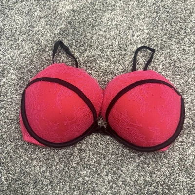 Victoria’s Secret Bombshell Plunge Bra 38C Pink Lace Black Trim Push Up - Image 1 of 4