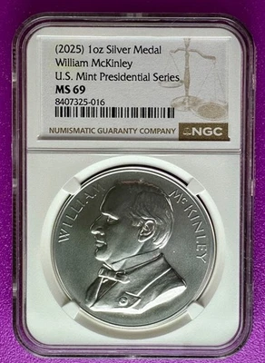 (2025) William McKinley Presidential Series 1oz Silver Medal NGC MS69 (016) - Image 1 of 2