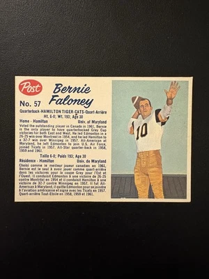 1962 POST CEREAL CFL FOOTBALL CARD #57 BERNIE FALONEY HOF NRMT RARE! - Image 1 of 2