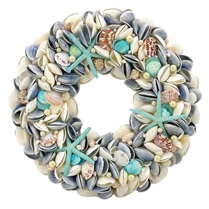18" Nautical Seashell Wreath, Blue | Coastal Beach Floral Home Decor Indoor O... - Picture 1 of 8