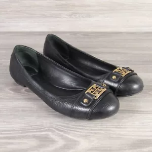 Tory Burch Clines Ballet Flats Shoes Black Pebbled Leather Golden Logo Women 9.5 - Picture 1 of 13