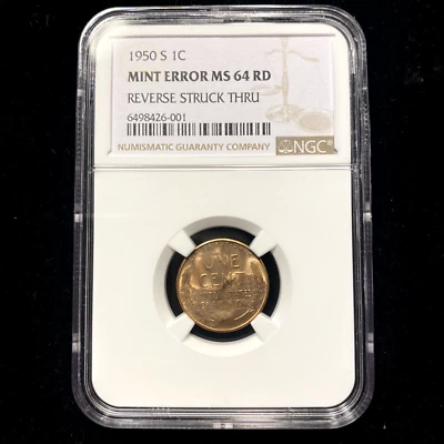 1950 S 1C NGC MS64 RD Lincoln Wheat Penny Mint Error Reverse Struck Thru Through - Image 1 of 4