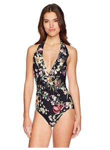 Carmen Marc Valvo Ruffle Halter Floral One Piece Swimsuit Black Size 6 1779 - Picture 1 of 2