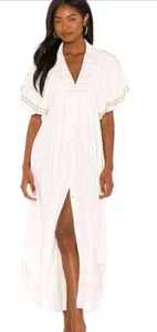 FREE PEOPLE Ivory Samantha Embroidered Maxi Cotton Shirt-Dress Billowy Sleeve L - Picture 1 of 10