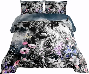 Highland Cow Flower Comforter Set Queen Size Bull Cattle Smoky Mountain Bedding - Picture 1 of 7