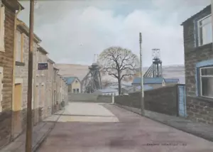 Lyndon Howells (XX) Aquarell. Straßenszene mit meiner, Treharris, Wales. - Bild 1 von 6
