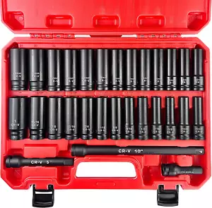 Juego de enchufes 29 piezas 1/2", juego de enchufes de impacto profundo de accionamiento, incluye 3 ", 5", 10" I... - Imagen 1 de 12