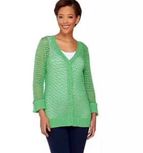 Denim & Co. Crochet Cardigan 3/4 Sleeve V-neck BLACK 1X A253653 New - Picture 1 of 10