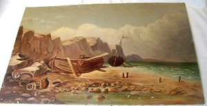 c1880 ANTIKE MEDITERRANE MEER MEER SEELANDSCHAFT ANGELBOOT ÖLGEMÄLDE VOLKSKUNST - Bild 1 von 6