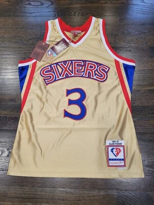 Camiseta deportiva Mitchell & Ness 75 aniversario dorada AIlen Iverson 76ers Swingman talla M Foto 1 de 4