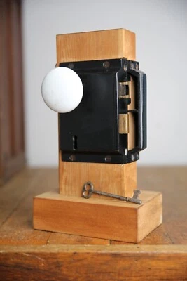 Antique Slaymaker Door Knob Lock Set Brass Porcelain Wood Display w/ key RARE - Image 1 of 4