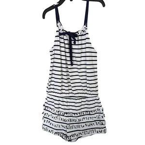 Biscotti Girl size 6 Nautical Stripped Navy Ruffled Romper Beachy Sailor 1 Piece - Picture 1 of 9