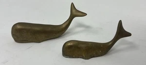 Pair Of 2 Vintage Brass Whale Paperweight Figurines 3” And 4” - Picture 1 of 10