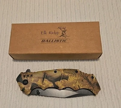 Cuchillo plegable balístico Elk Ridge mango camuflado con caja Foto 1 de 3