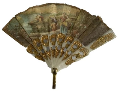 VTG French Colonial HandFan Miniature Victorian Nylon Gold Trim Plastic Frame 3” - Image 1 of 4