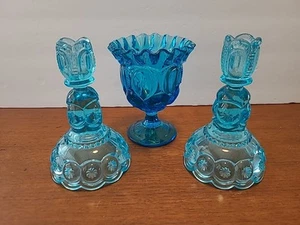 Copa de vidrio vintage LE Smith azul 3 piezas luna y estrellas y 2 candelabros MCM - Imagen 1 de 9