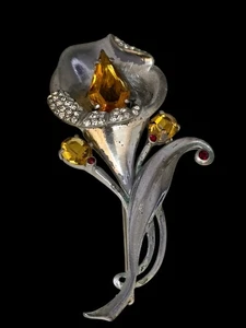 Vintage Calla Lily Silvertone Brooch With Paste Stones (A7310) - Picture 1 of 8